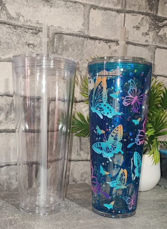 Großer Glitzer/-Lava Becher mit Strohhalm und UV Dtf Aufkleber - Kunststoff