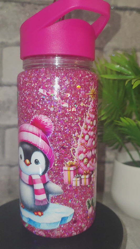Glitzer Kinderflasche mit UV Dtf Aufkleber - Kunststoff Pinguin