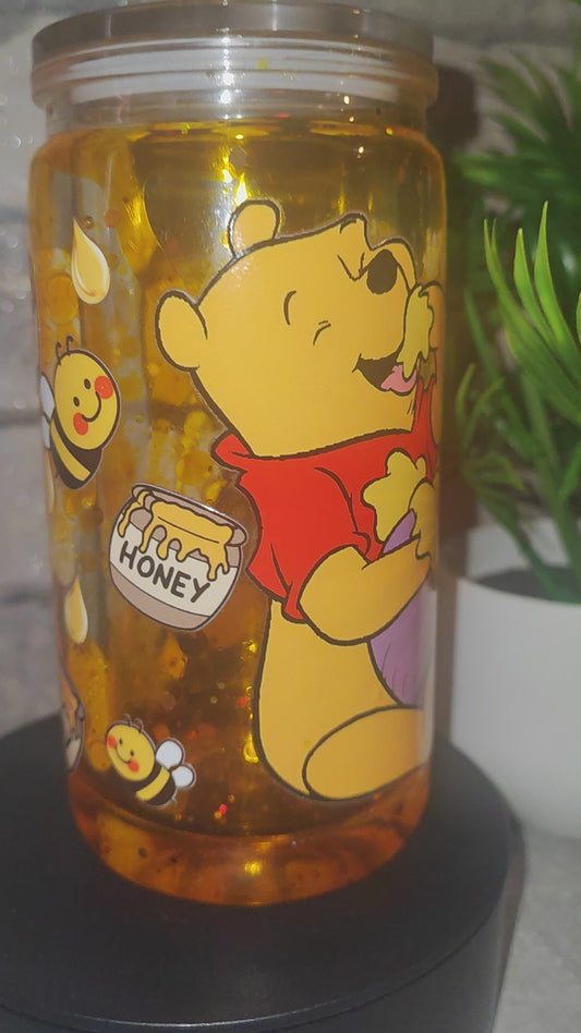 Honig Effekt Becher mit UV Dtf Aufkleber inkl Strohhalm - Bär Kunststoff