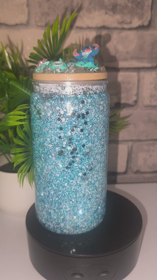 Glitzer Becher mit UV Dtf Aufkleber inkl Strohhalm - Deko Bambus Deckel Kunststoffsahne