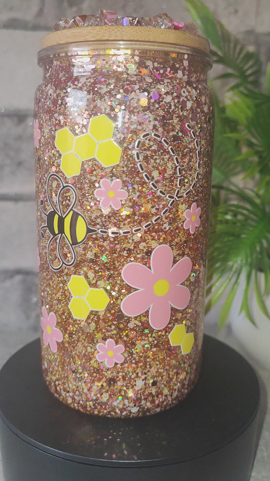 Glitzer Becher mit UV Dtf Aufkleber inkl Strohhalm Deko Deckel Kunststoff Blumen Bienen