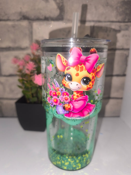 Grünfarbender Lava Becher 18cm Höhe mit UV Dtf Aufkleber inkl Strohhalm - Giraffen