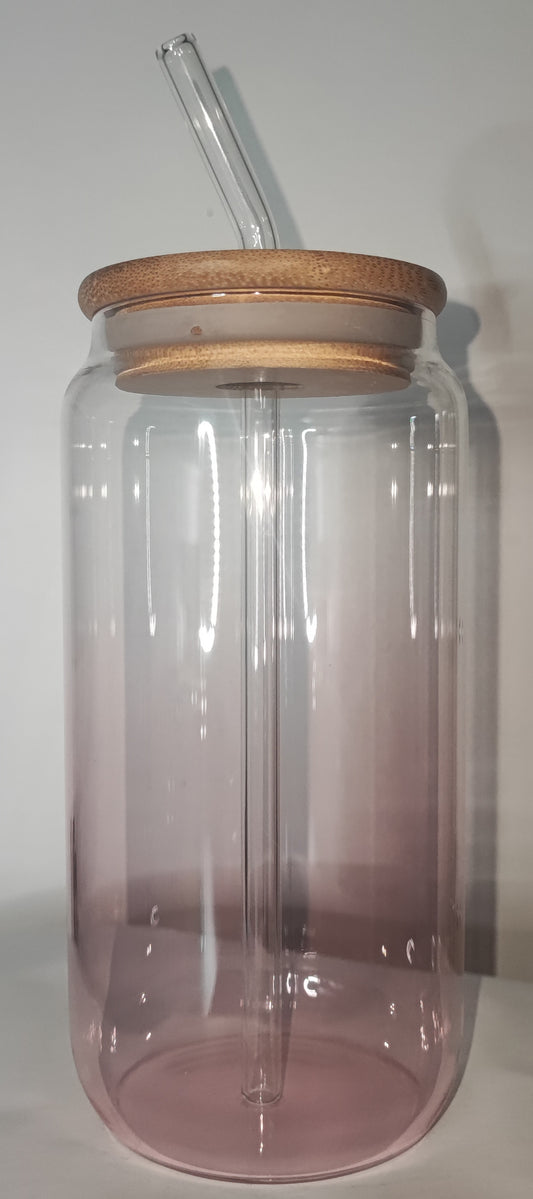 Farbiger Glas Becher mit Strohhalm aus Glas und UV Dtf Aufkleber - Deckel Bambus