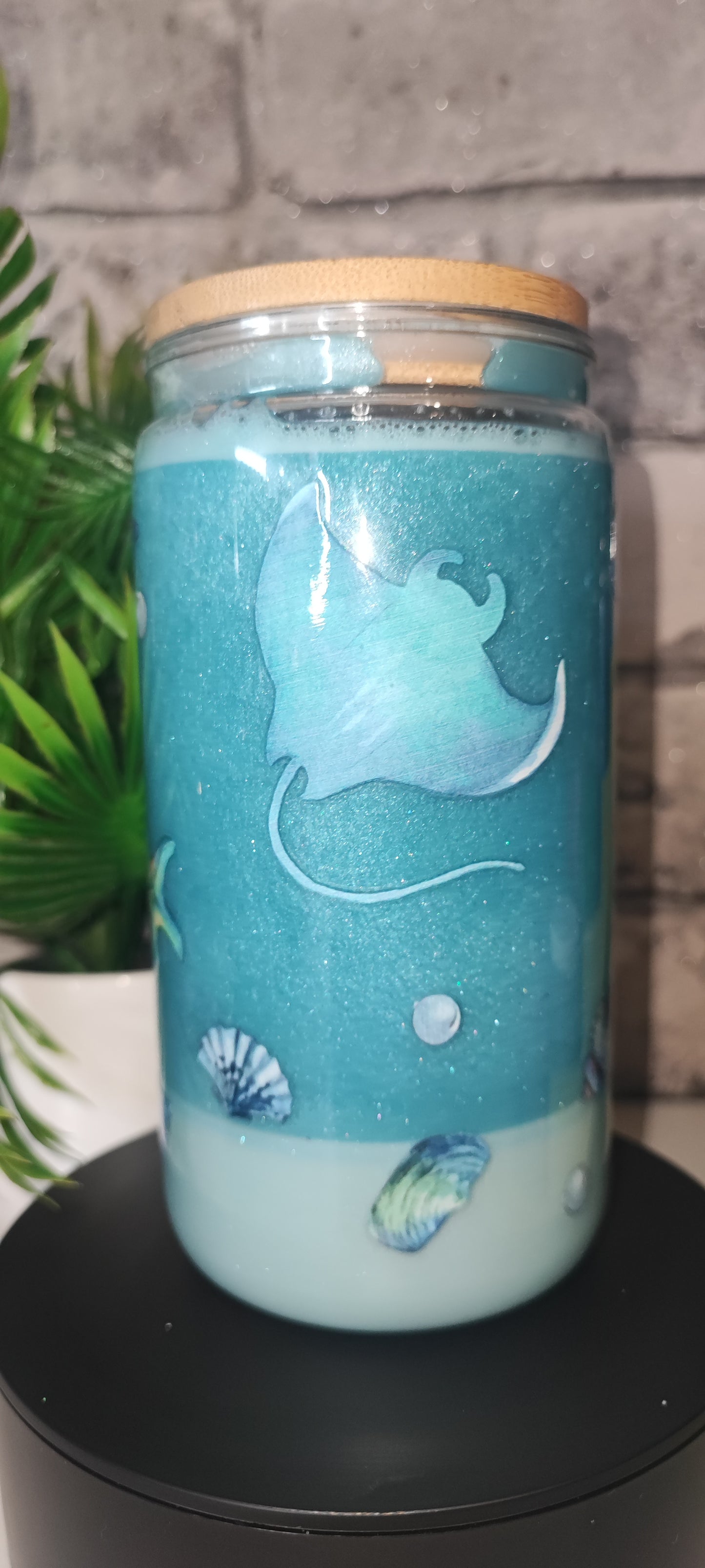 Meeres Becher mit Glanzpulver und feinen Sand inkl Strohhalm und UV Dtf Aufkleber Kunststoff