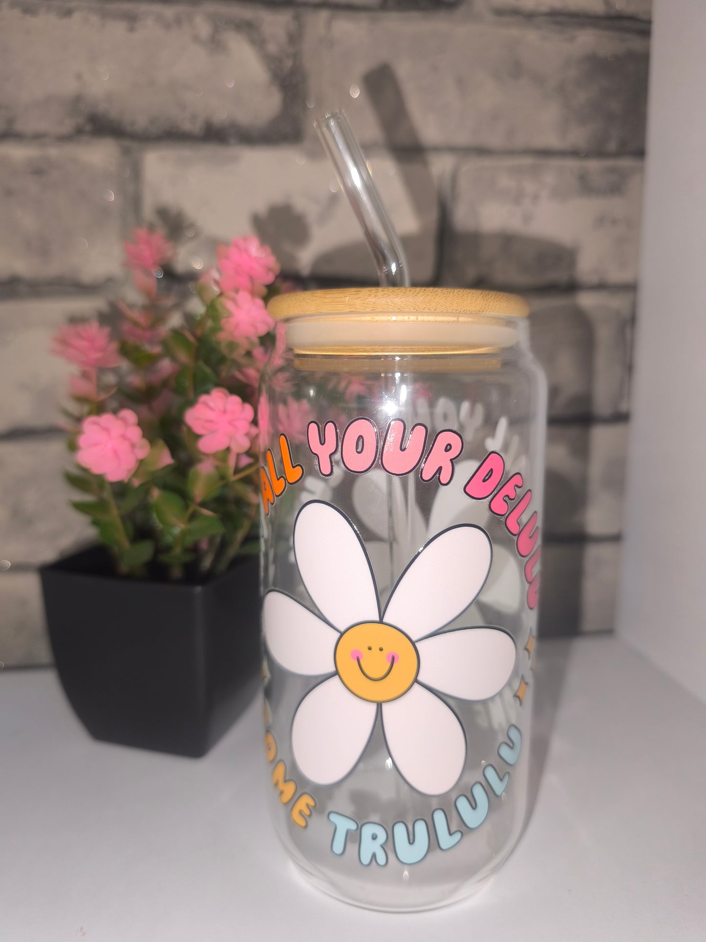 Glasbecher mit Bambus Deckel und UV Dtf Aufkleber inkl Glas Strohhalm
