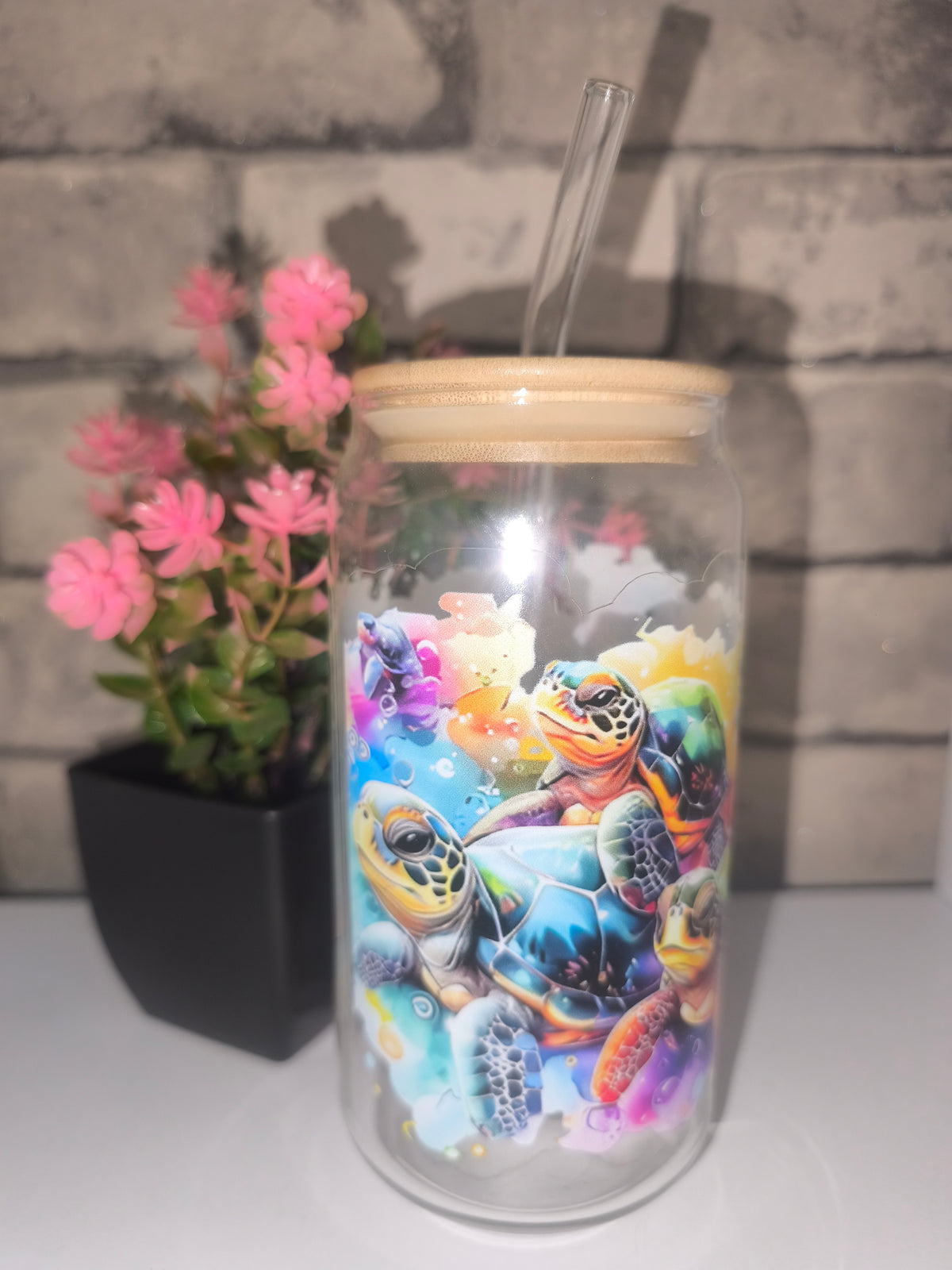 Glasbecher mit UV Dtf Aufkleber inkl Strohhalm Glas - Schildkröten