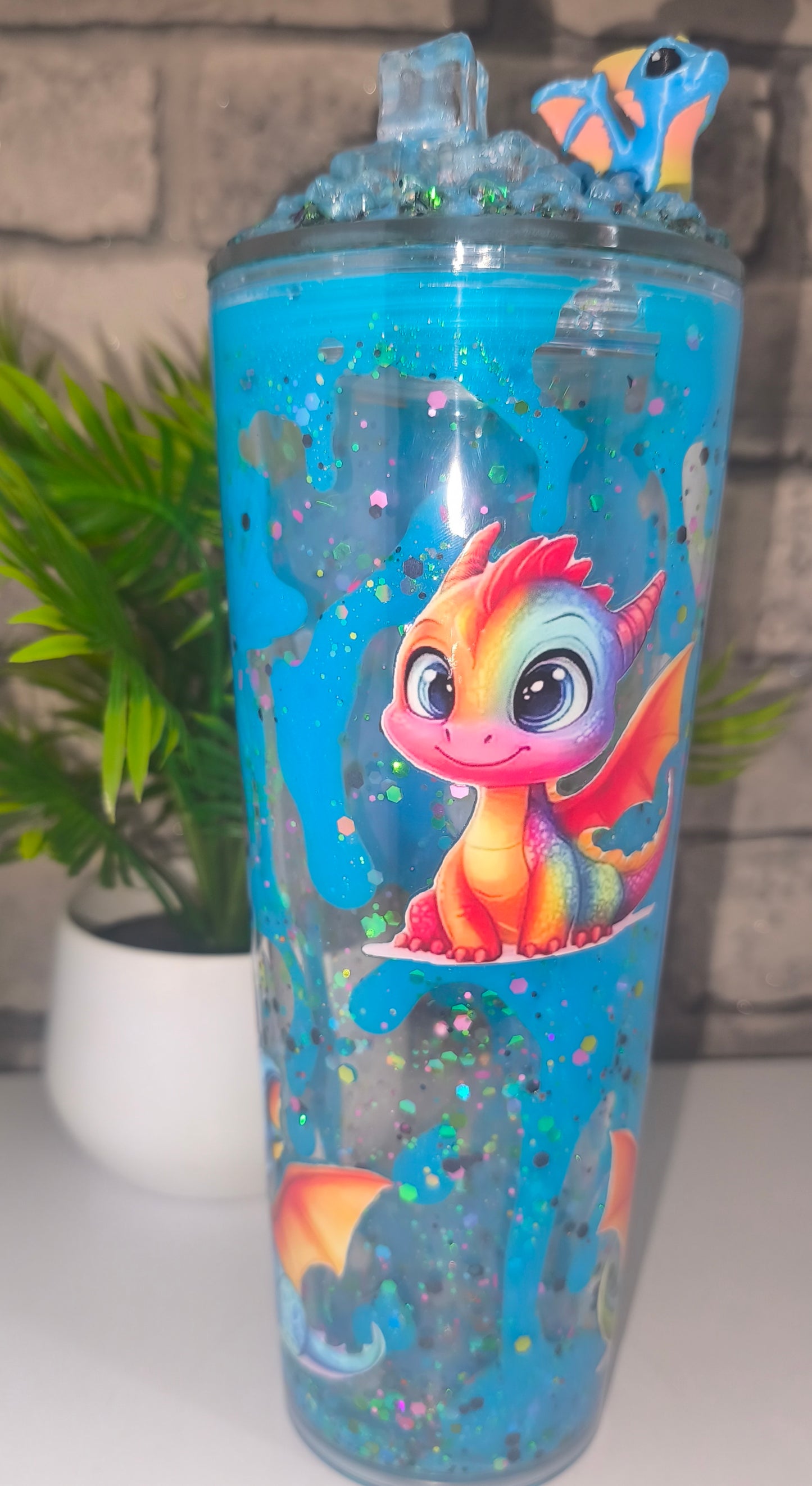 Großer Lava Becher mit UV Dtf Aufkleber inkl Strohhalm Kunststoff 3D Druck Deckel Dino