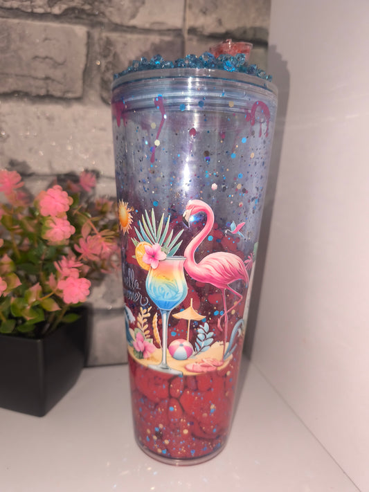 Großer Lava Becher mit UV Dtf Aufkleber inkl Strohhalm Kunststoff - Deko Deckel Strand