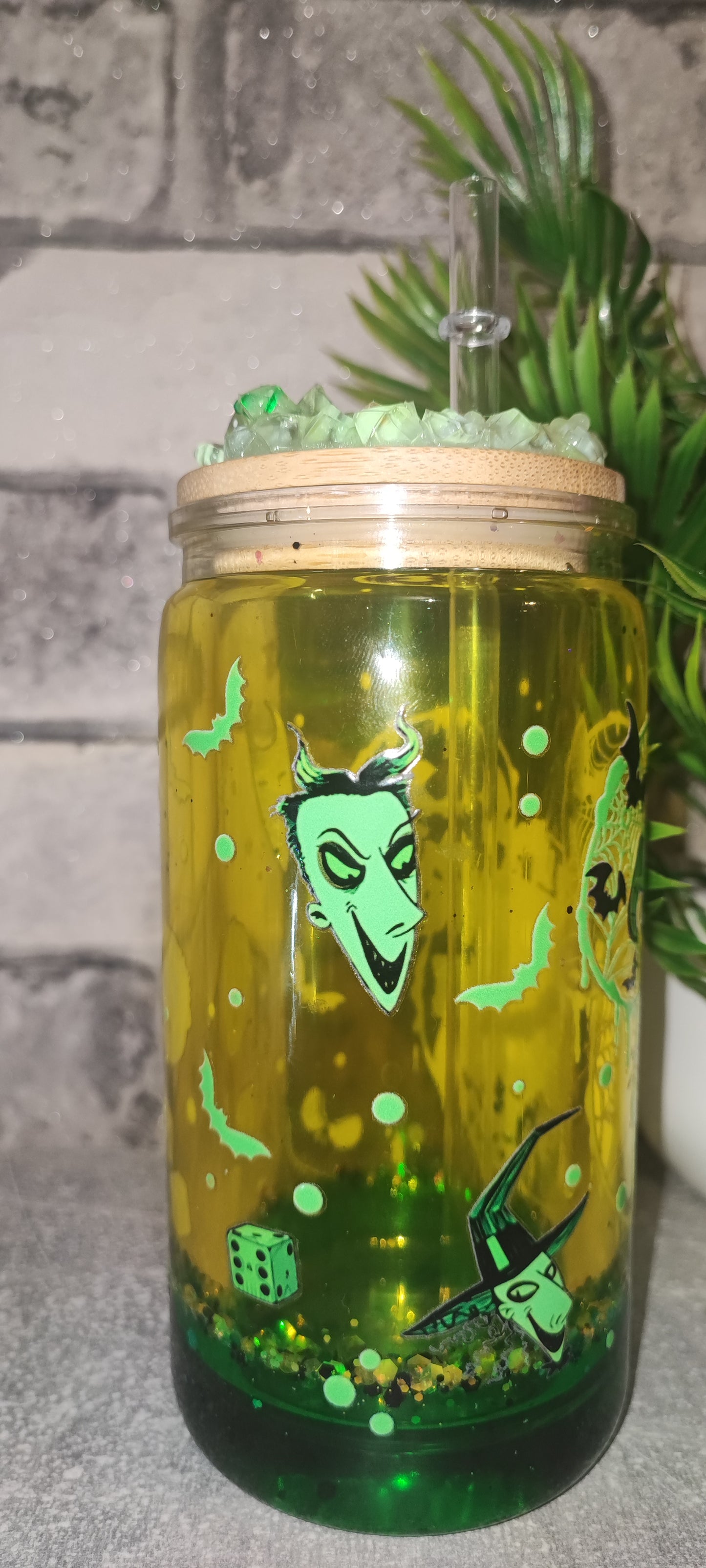 Grün/Gelb Lava Becher mit Deko Deckel leuchtend inkl Strohhalm - Kunststoff - Geist