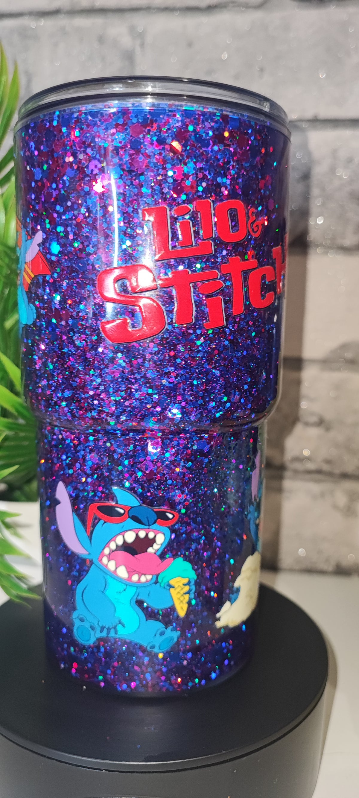 Stitch Glitzer Becher 18cm inkl Strohhalm und UV Dtf Aufkleber