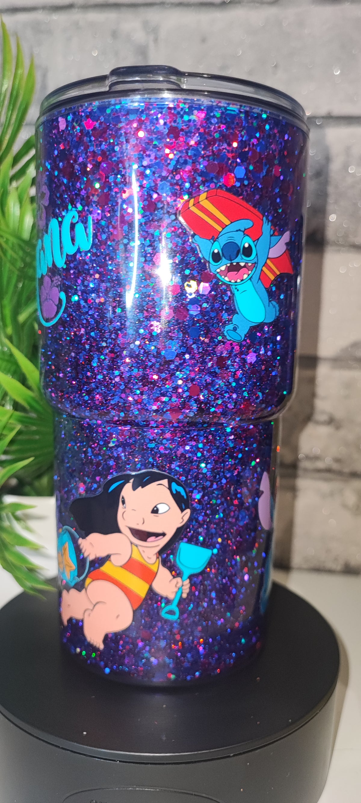 Stitch Glitzer Becher 18cm inkl Strohhalm und UV Dtf Aufkleber