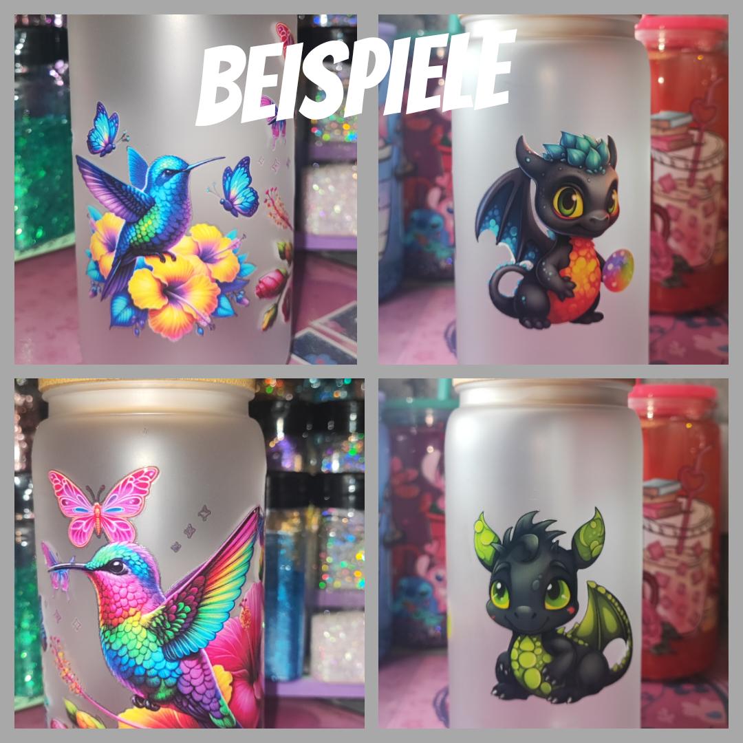 Matter Kunststoff Becher mit Strohhalm und UV Dtf Aufkleber - Kunststoff - Deckel Bambus
