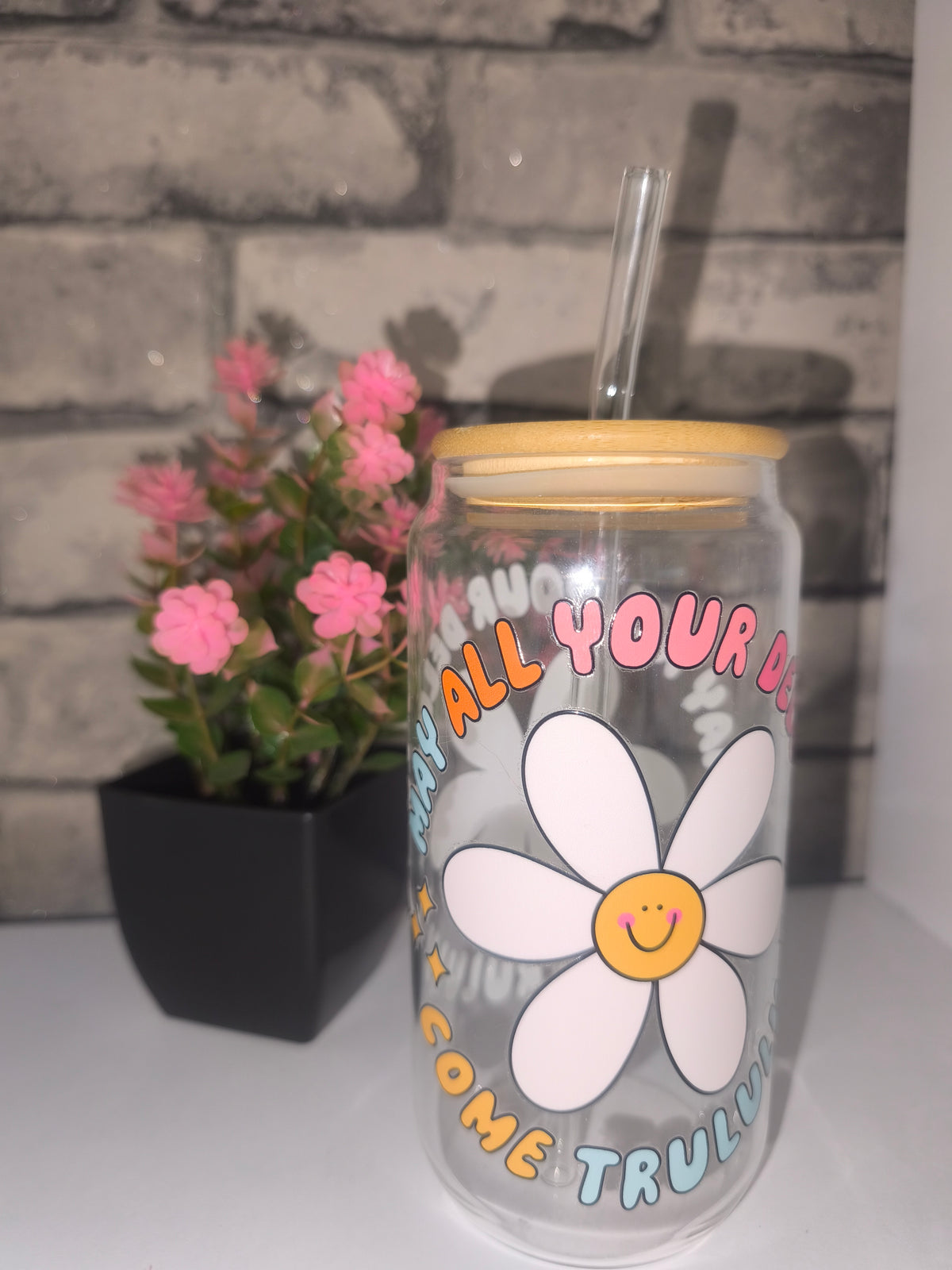 Glasbecher mit Bambus Deckel und UV Dtf Aufkleber inkl Glas Strohhalm