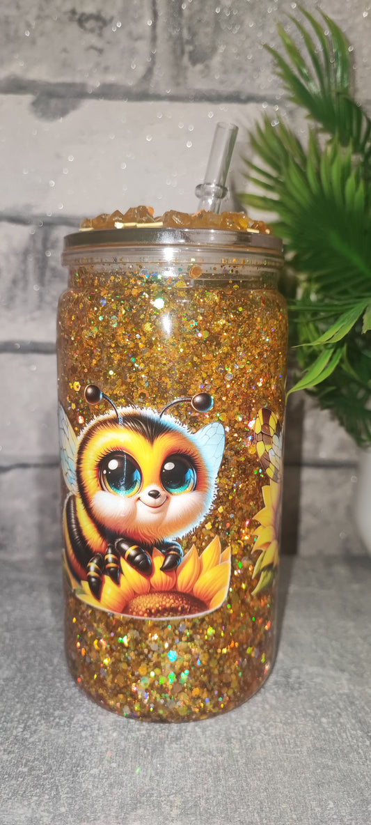Gold Glitzer Becher mit transparenten Deckel inkl Strohhalm - Kunststoff - Bienen