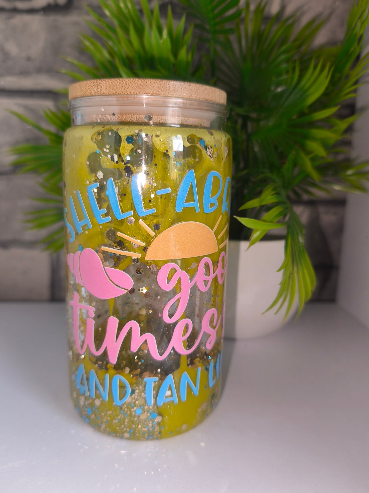 Lava Glitzer Becher mit UV Dtf Aufkleber inkl Strohhalm Kunststoff - Strandbecher