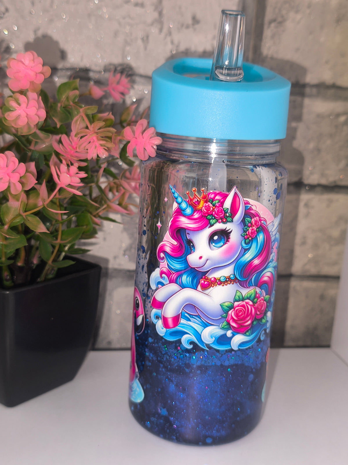 Kleine Lava Flasche mit UV Dtf Aufkleber - Einhörner blau