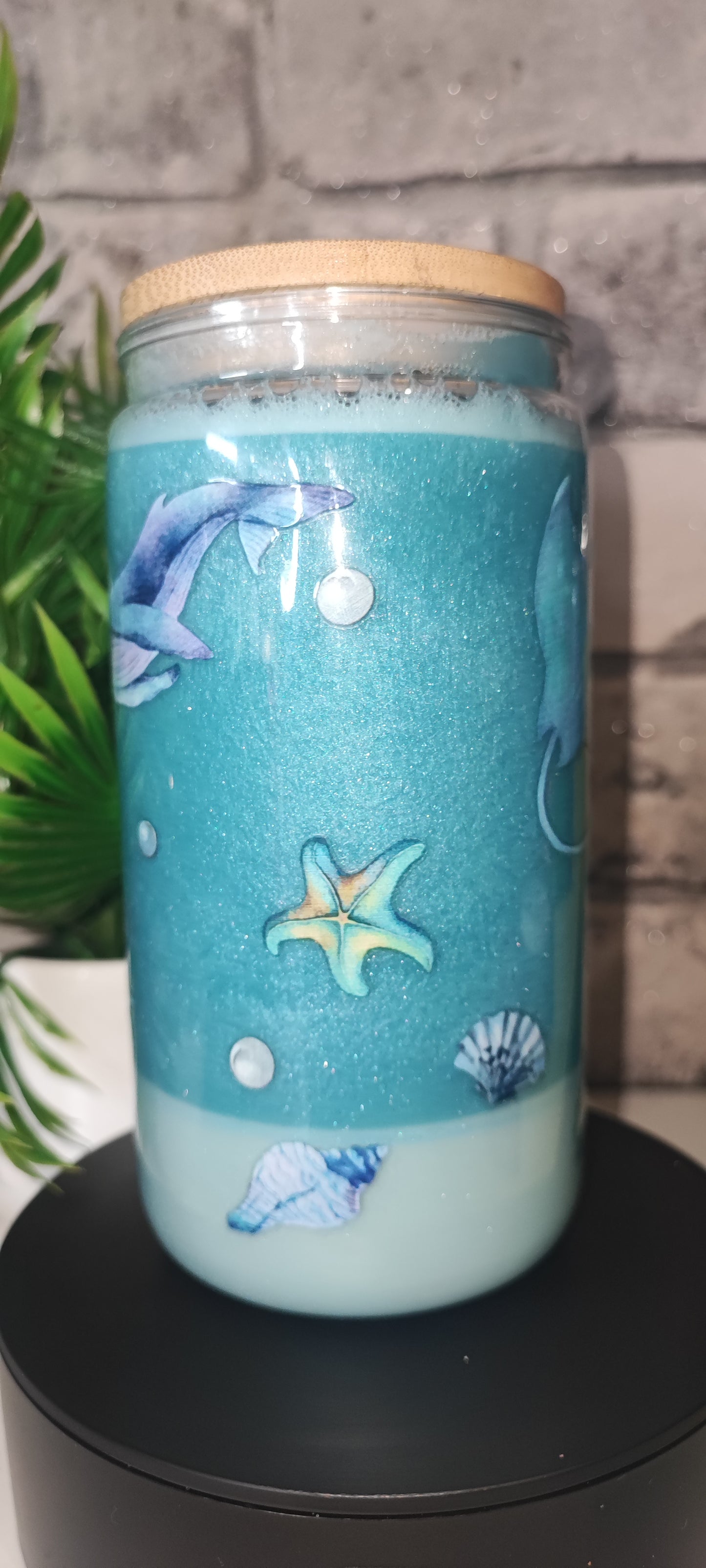 Meeres Becher mit Glanzpulver und feinen Sand inkl Strohhalm und UV Dtf Aufkleber Kunststoff