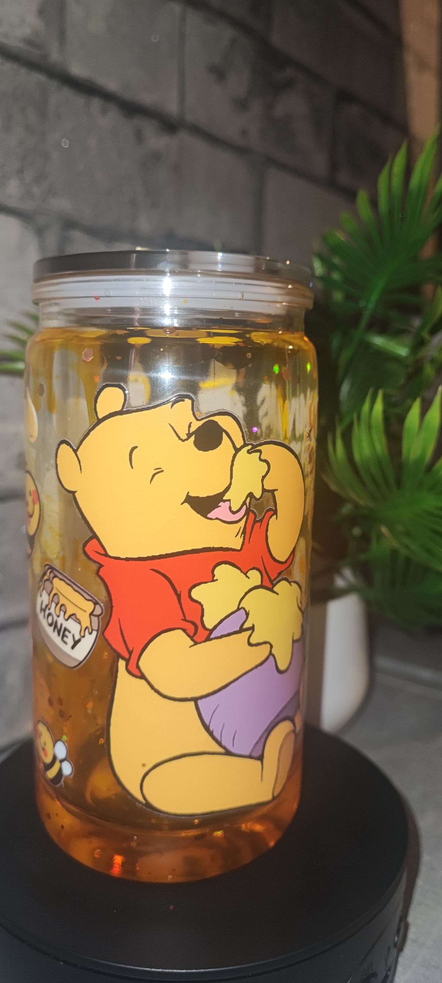 Honig Effekt Becher mit UV Dtf Aufkleber inkl Strohhalm - Bär Kunststoff