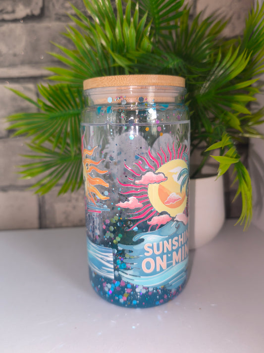 Lava Glitzer Becher mit UV Dtf Aufkleber inkl Strohhalm Kunststoff - Strand
