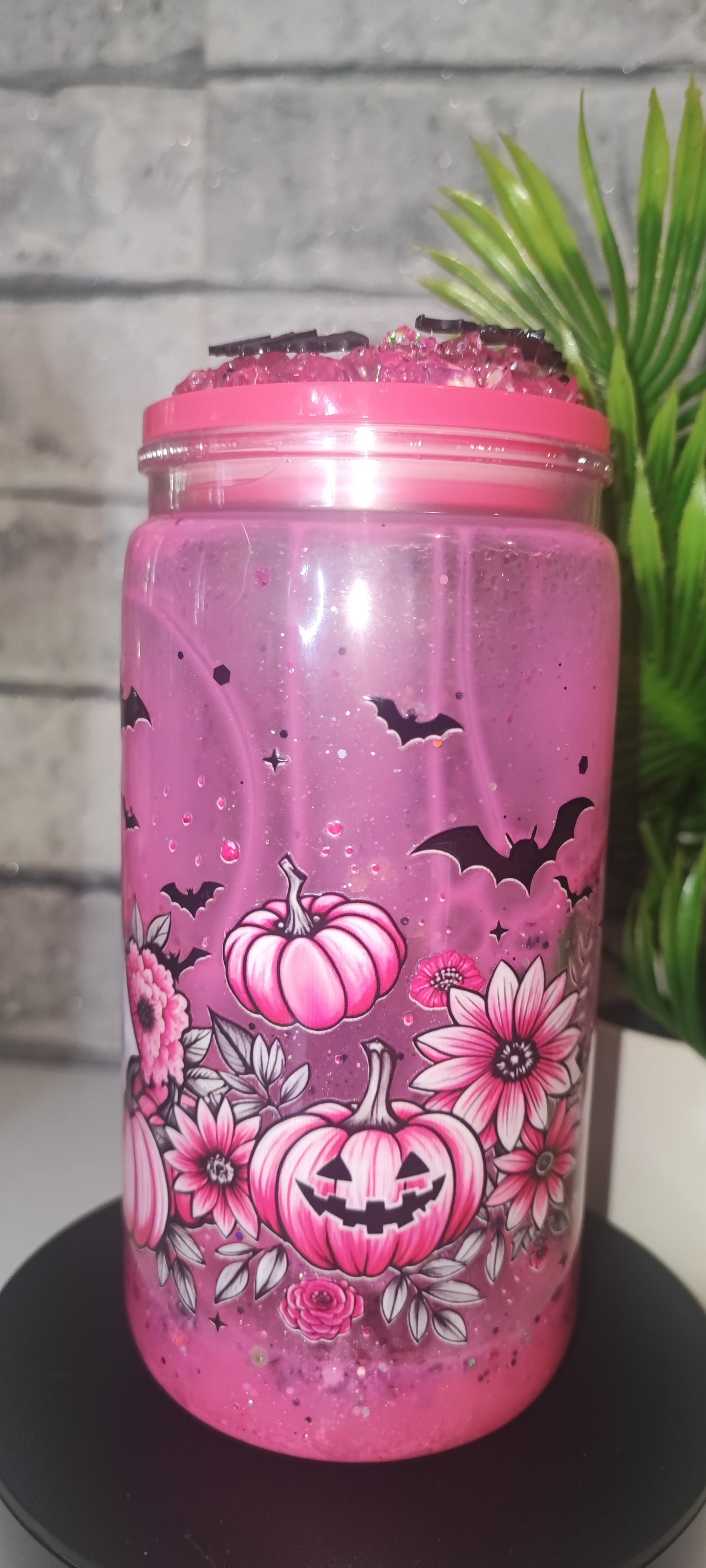 Lava Becher mit UV Dtf Aufkleber inkl Strohhalm Kunststoff pink mit Deko Deckel
