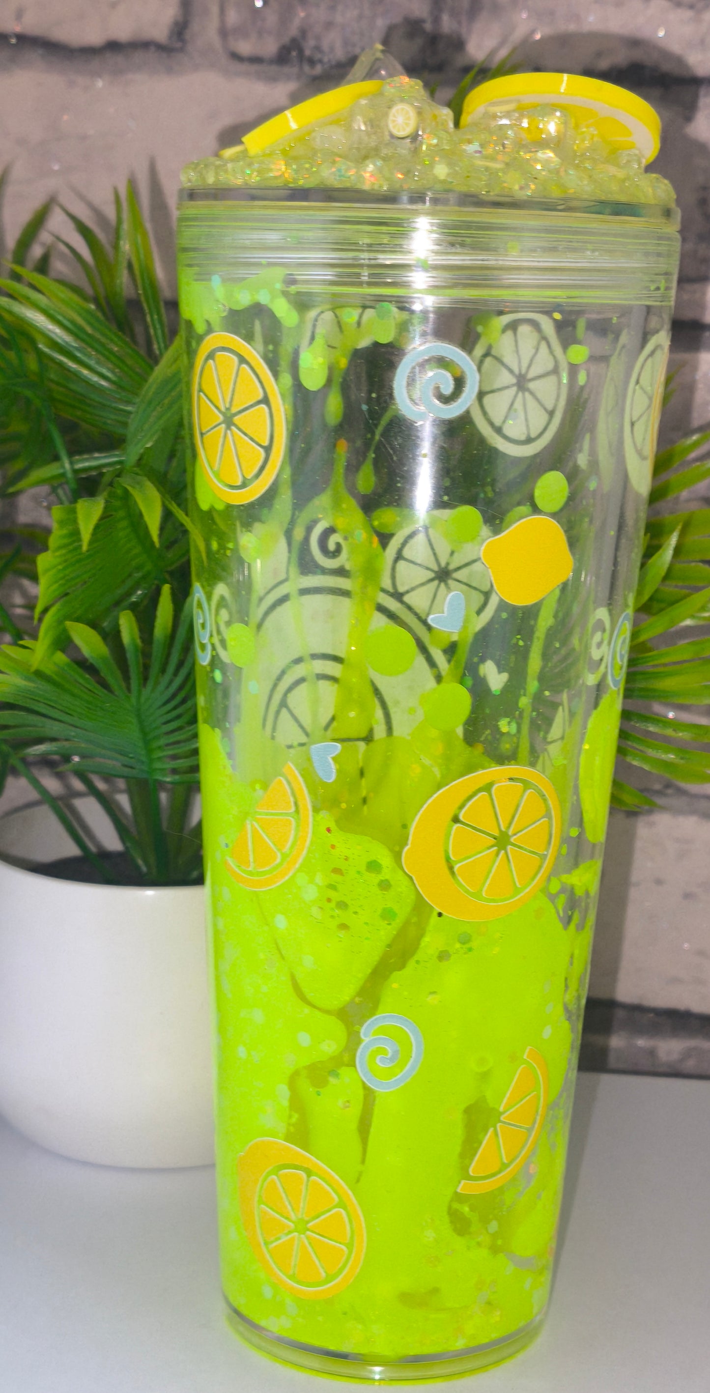 Großer neongelber Zitronen Lava Becher mit UV Dtf Aufkleber inkl Strohhalm Kunststoff 3D Druck Deckel
