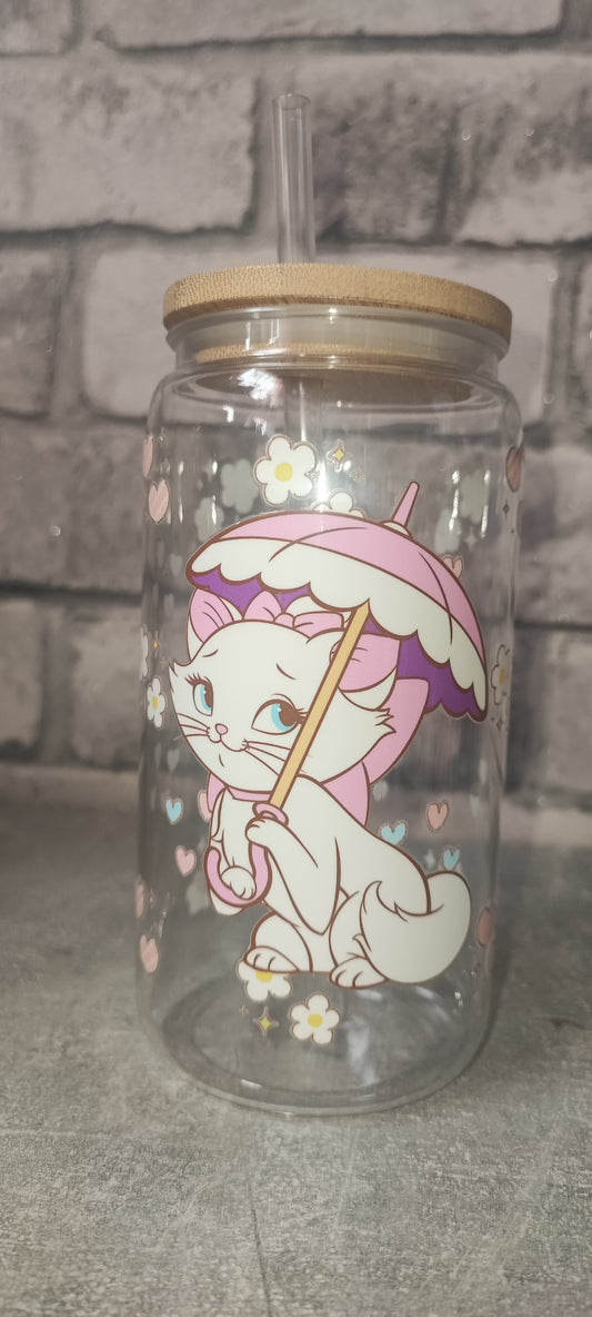 Becher mit Bambus Deckel +UV Dtf Aufkleber inkl Strohhalm - Kunststoff
