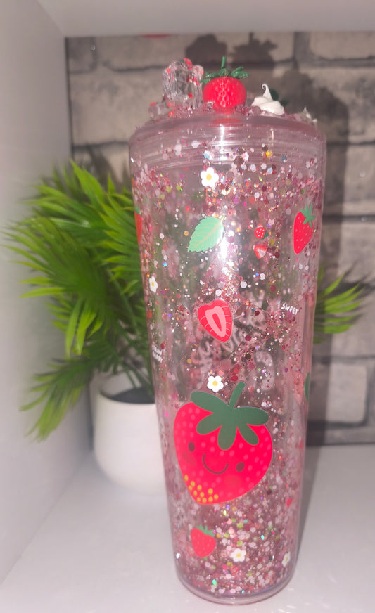 Zarter Erdbeere Lava Becher mit UV Dtf Aufkleber inkl Strohhalm - 3D Druck Deckel