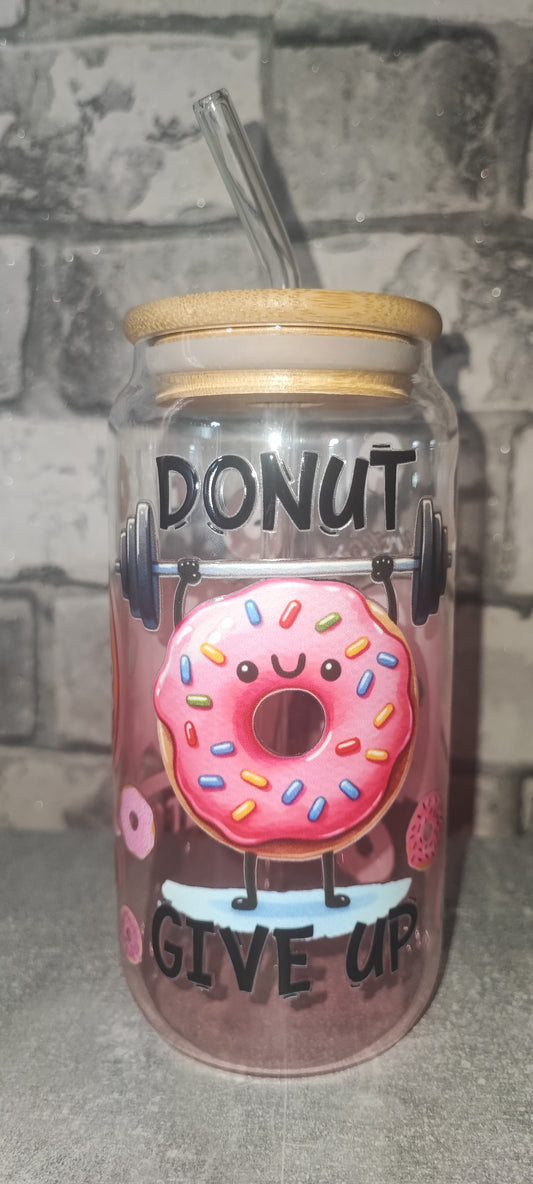 Glasbecher Becher mit Bambus Deckel +UV Dtf Aufkleber Donut inkl Glasstrohhalm - Glas