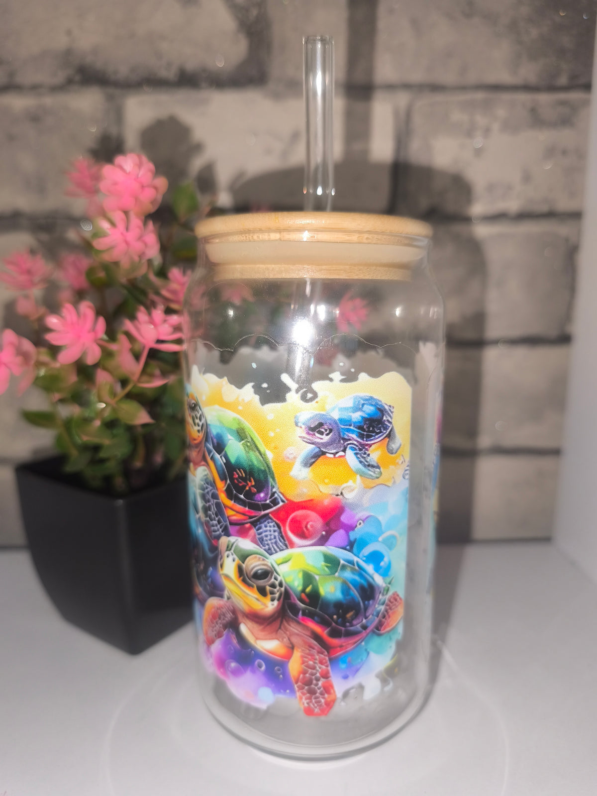 Glasbecher mit UV Dtf Aufkleber inkl Strohhalm Glas - Schildkröten