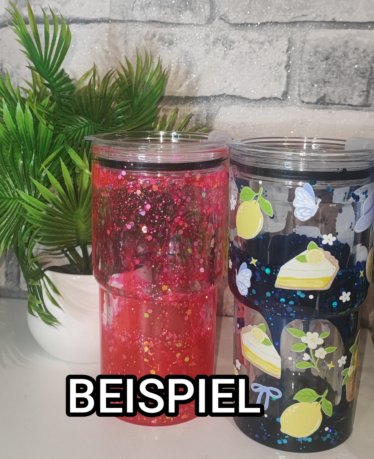 Individueller Becher mit UV Dtf Aufkleber inkl Strohhalm Kunststoff ca 18cm Höhe