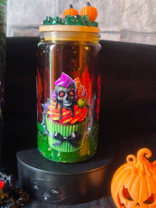 Grün/Orange Lava Becher mit Deko Deckel 3D Druck inkl Strohhalm - Kunststoff - Halloween