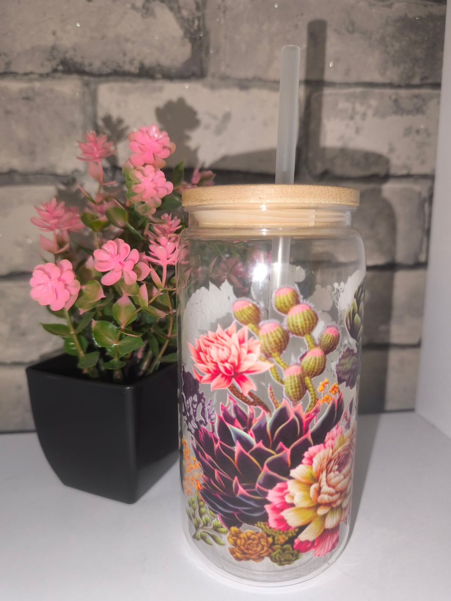 Kunststoff Becher mit UV Dtf Aufkleber inkl Strohhalm Kunststoff - Pflanzen