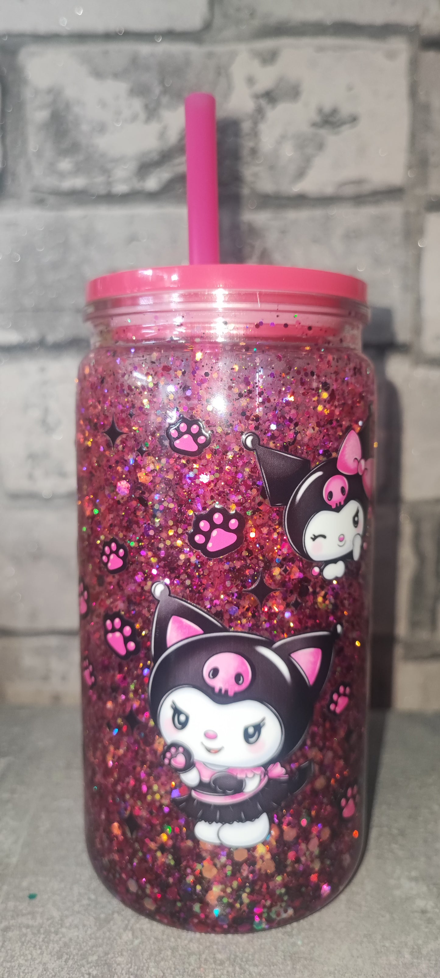 Glitzer Becher mit pinken Deckel inkl Strohhalm - Kunststoff - Katze