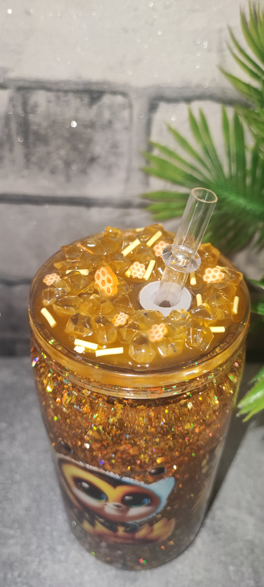 Gold Glitzer Becher mit transparenten Deckel inkl Strohhalm - Kunststoff - Bienen