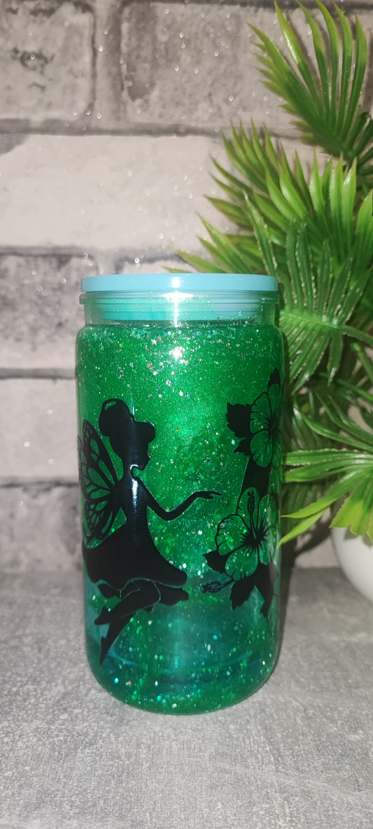 Kunststoff Lava Becher blau grün mit Fee UV dtf Aufkleber inkl Strohhalm aus Kunststoff
