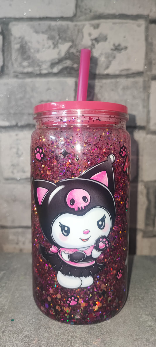 Glitzer Becher mit pinken Deckel inkl Strohhalm - Kunststoff - Katze