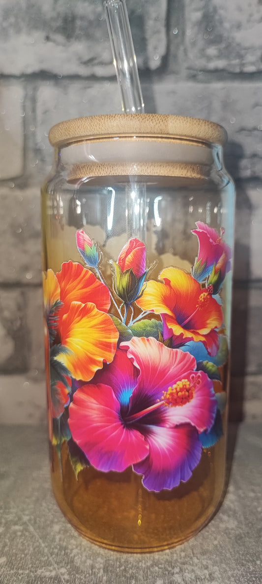 Gelber Glasbecher Becher mit Bambus Deckel +UV Dtf Aufkleber inkl Glasstrohhalm - Glas - Frau