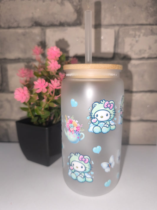 Matter Becher mit UV Dtf Aufkleber inkl Strohhalm Kunststoff - Kätzchen