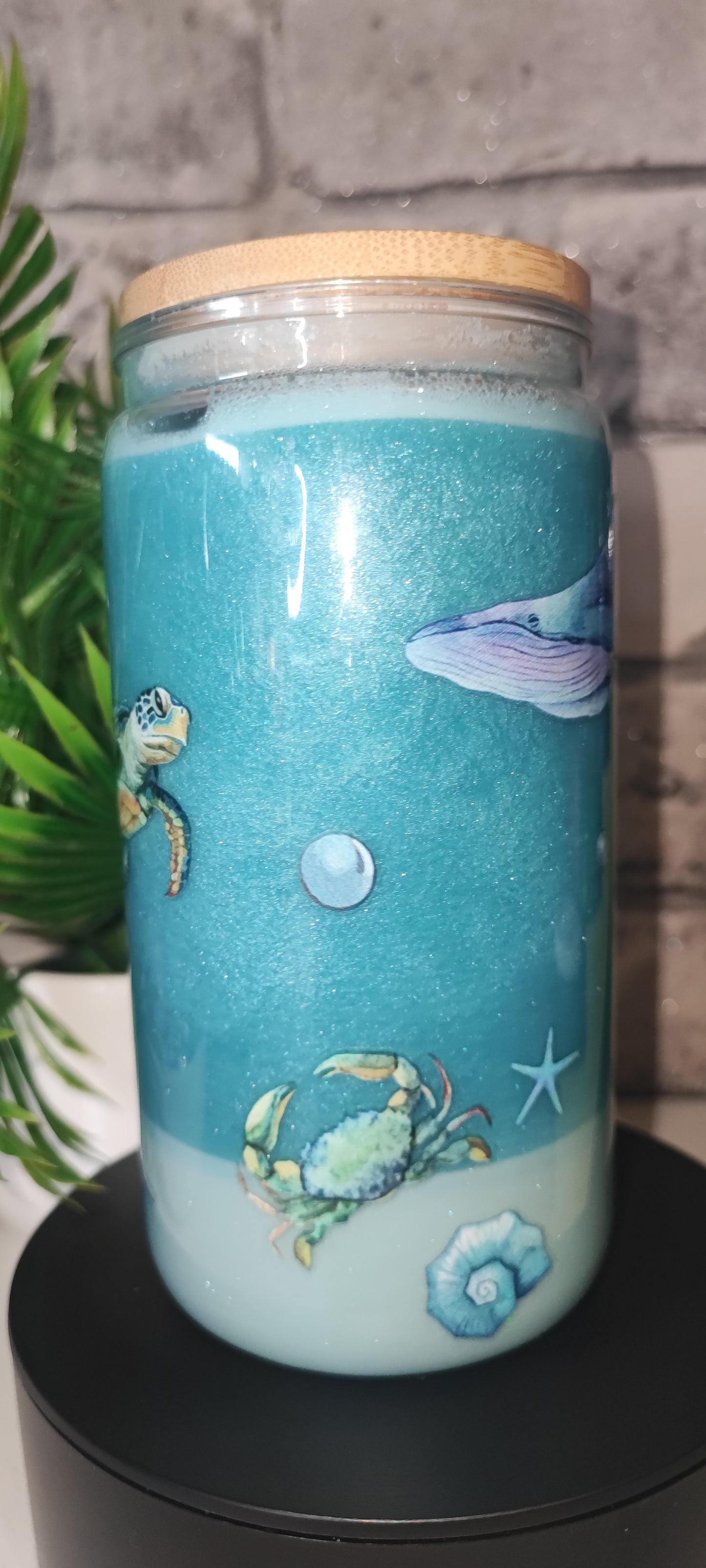 Meeres Becher mit Glanzpulver und feinen Sand inkl Strohhalm und UV Dtf Aufkleber Kunststoff