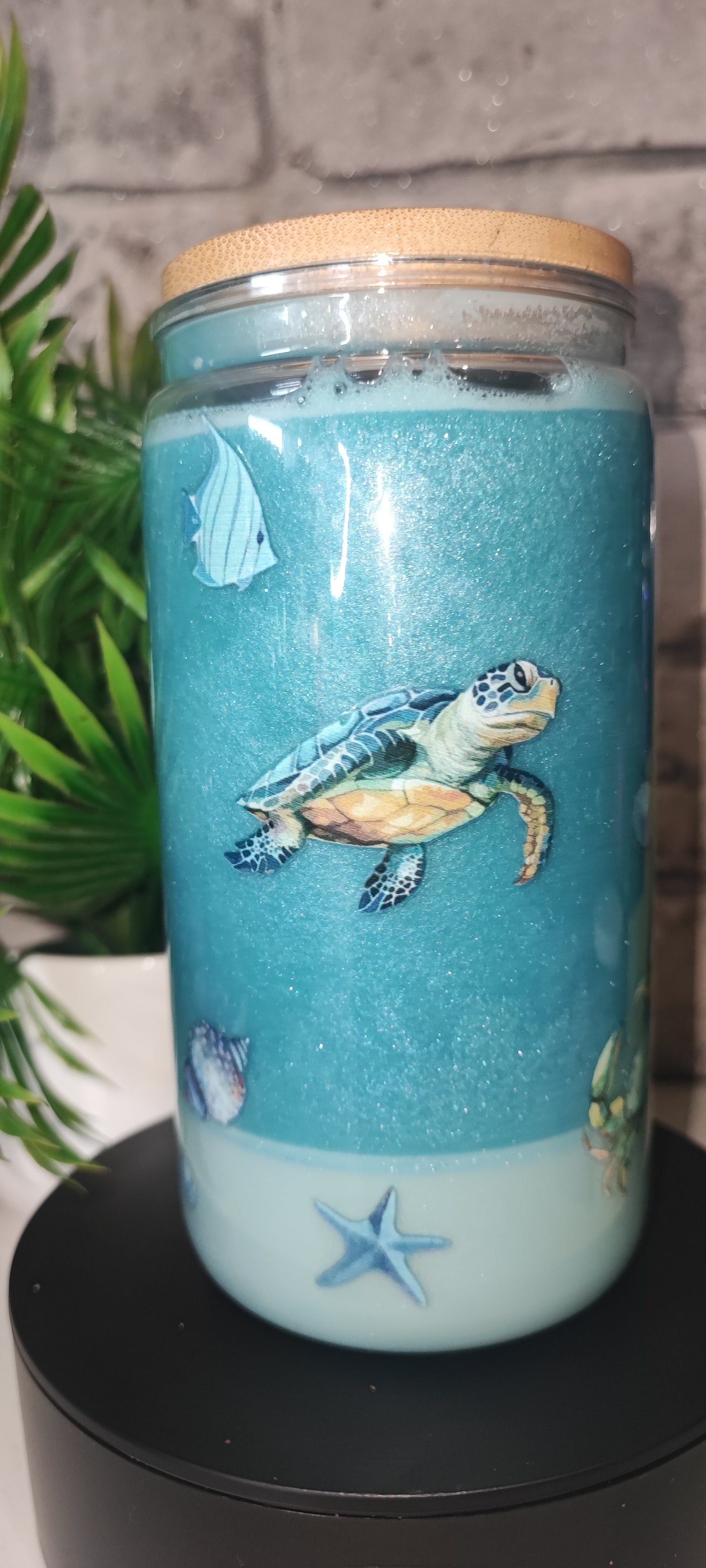Meeres Becher mit Glanzpulver und feinen Sand inkl Strohhalm und UV Dtf Aufkleber Kunststoff