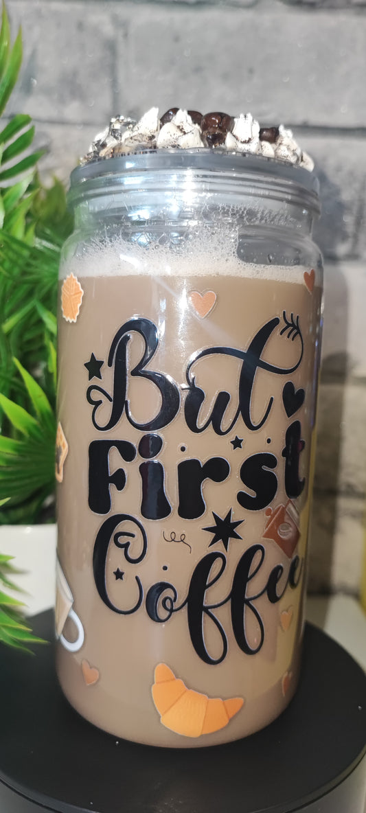 Kaffee inspirierter Becher mit UV Dtf Aufkleber inkl Strohhalm und Deko Deckel