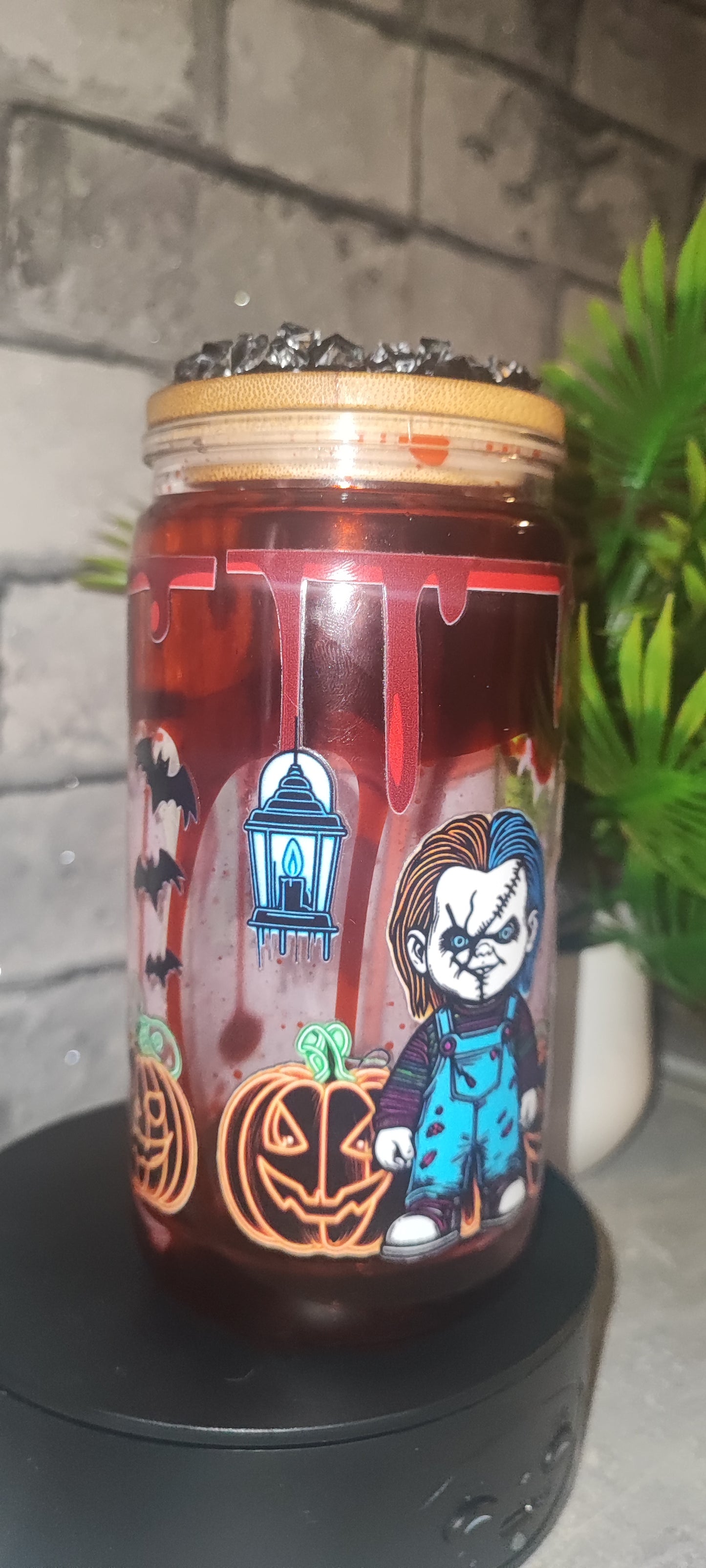 Lava Kunst Blut Becher Halloween - Kunststoff mit UV Dtf Aufkleber inkl Strohhalm