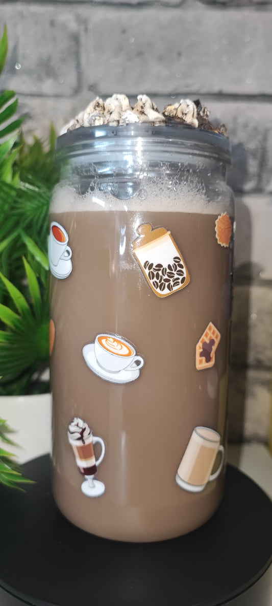 Kaffee inspirierter Becher mit UV Dtf Aufkleber inkl Strohhalm und Deko Deckel