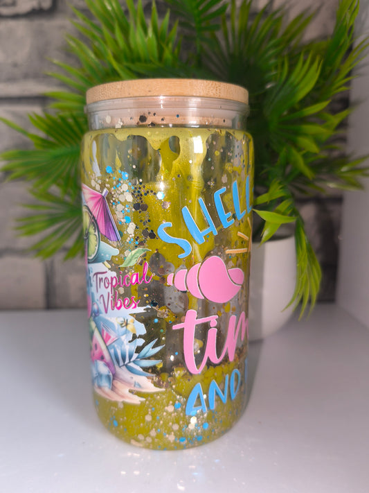 Lava Glitzer Becher mit UV Dtf Aufkleber inkl Strohhalm Kunststoff - Strandbecher
