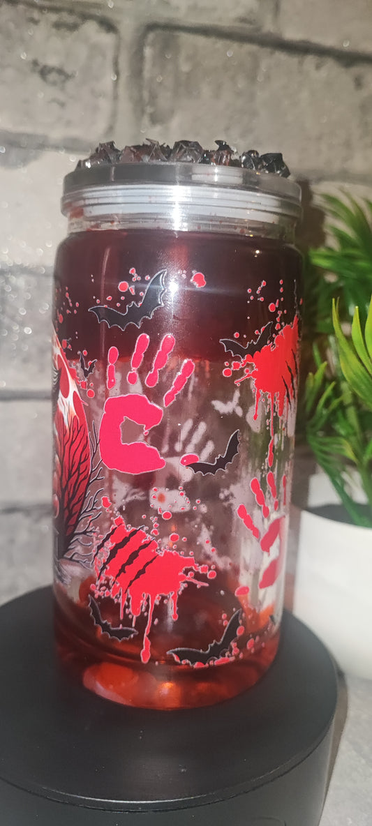 Halloween Becher mit Kunst Blut Lava Effekt mit UV Dtf Aufkleber inkl Strohhalm - Kunststoff