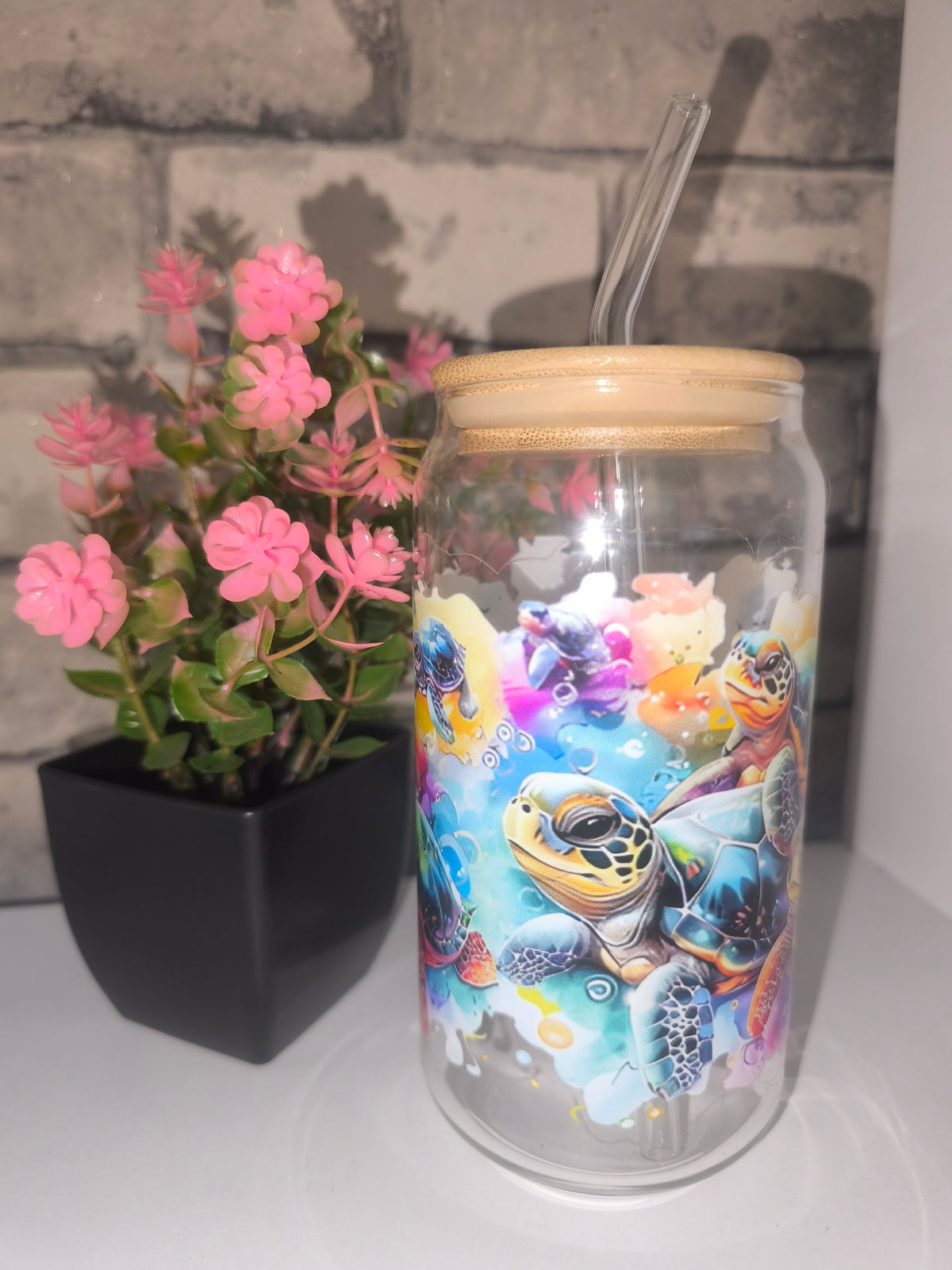 Glasbecher mit UV Dtf Aufkleber inkl Strohhalm Glas - Schildkröten