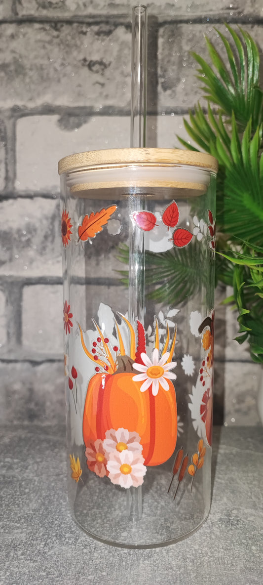 Großer Glasbecher Becher mit Bambus Deckel mit UV Dtf Aufkleber inkl Glasstrohhalm - Glas - Herbst