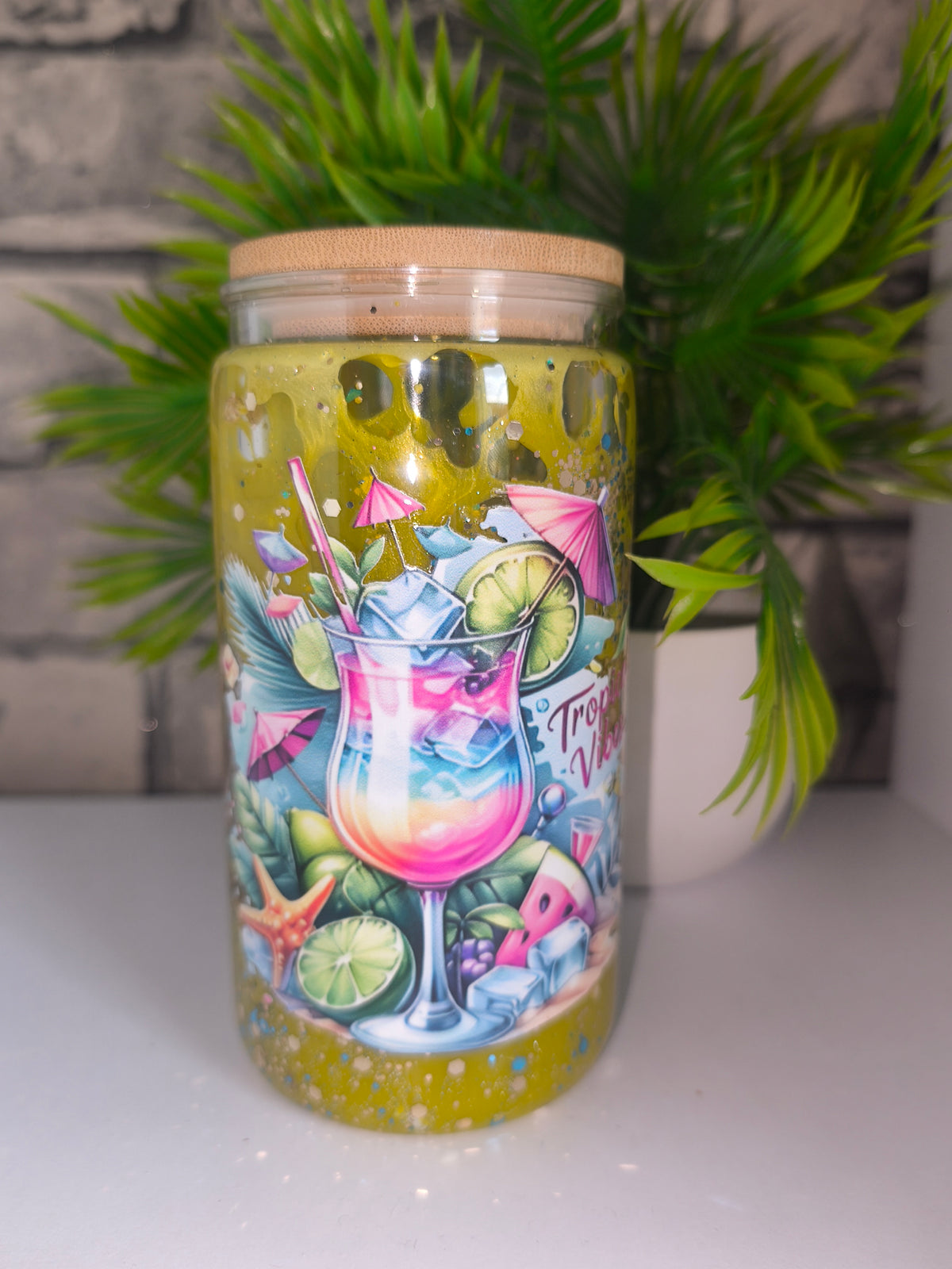 Lava Glitzer Becher mit UV Dtf Aufkleber inkl Strohhalm Kunststoff - Strandbecher