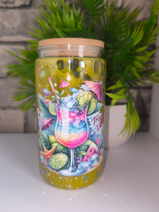 Lava Glitzer Becher mit UV Dtf Aufkleber inkl Strohhalm Kunststoff - Strandbecher