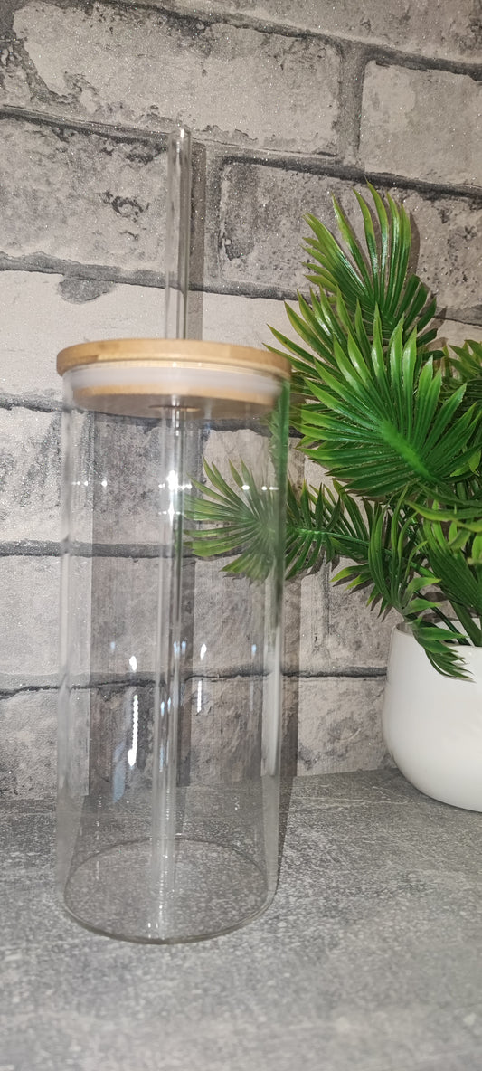 Großer Glas Becher mit Strohhalm aus Glas und UV Dtf Aufkleber - Deckel Bambus